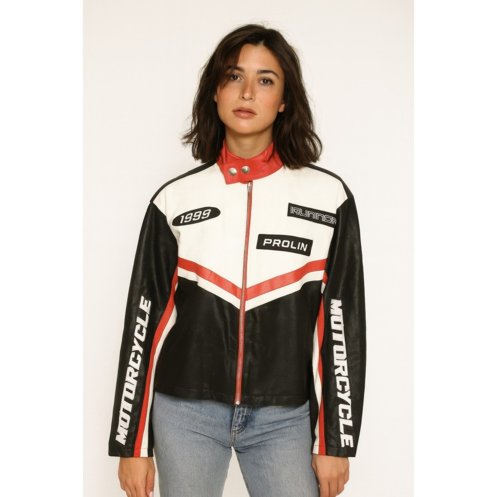 Racing Jacket Womens M Black White Red Faux Leather Moto